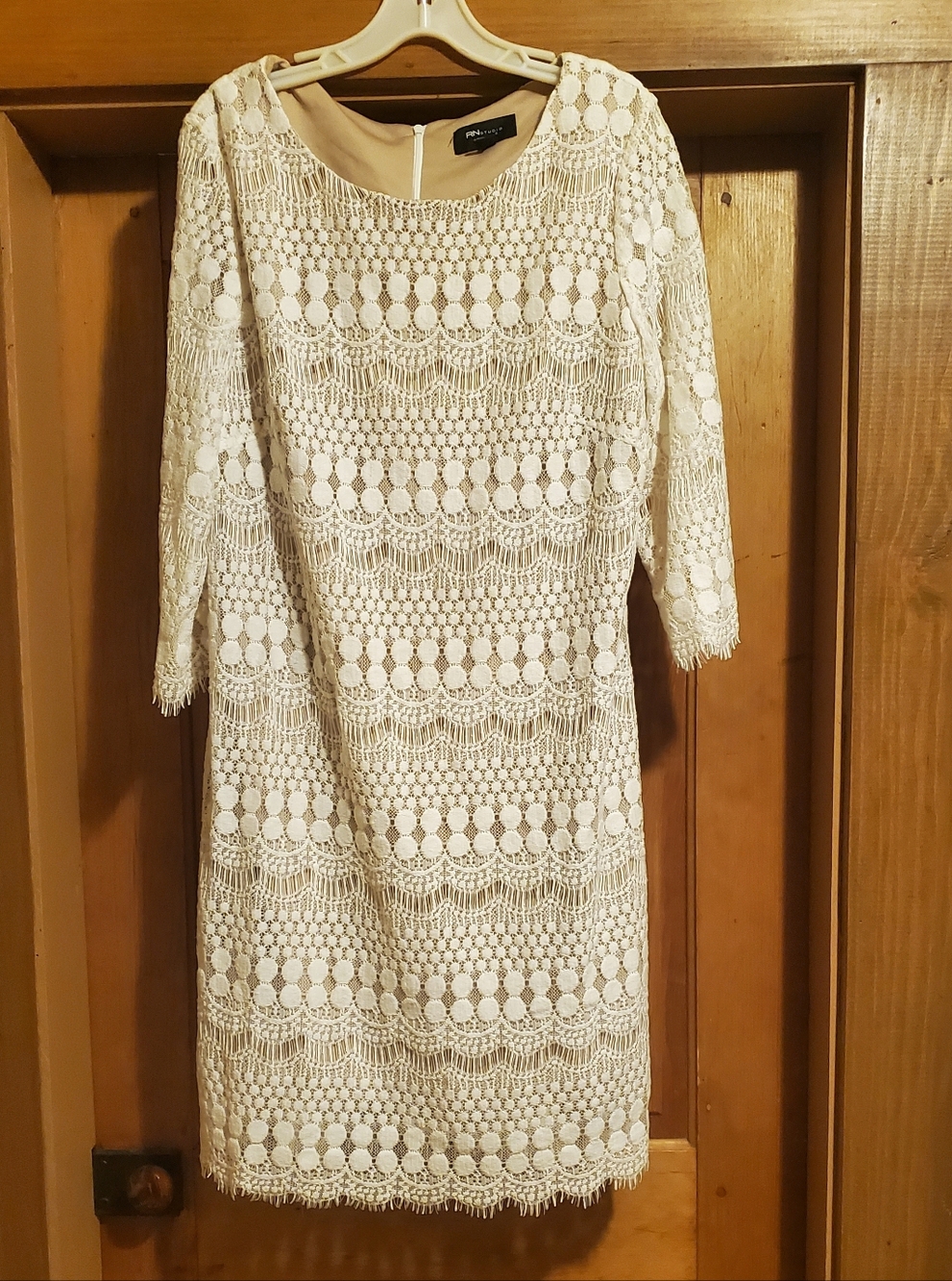 Cream Lace 3/4 Sleeve Sheath Dress Ronni Nicole Lace Overlay Zip Back